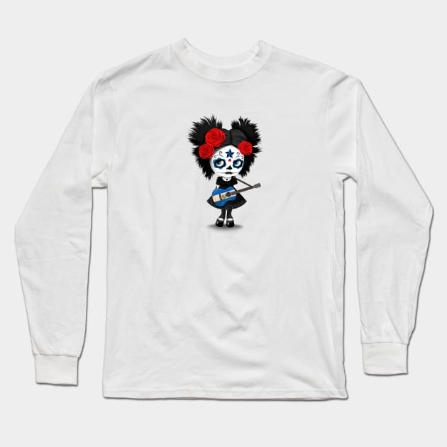 Sugar Skull Girl Playing Salvadorian Flag Guitar Long Sleeve T-Shirt by jeffbartels